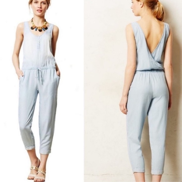 Cloth & Stone Anthropologie Deep Surplice Back Blue Chambray Jumpsuit Size XS - Picture 1 of 7